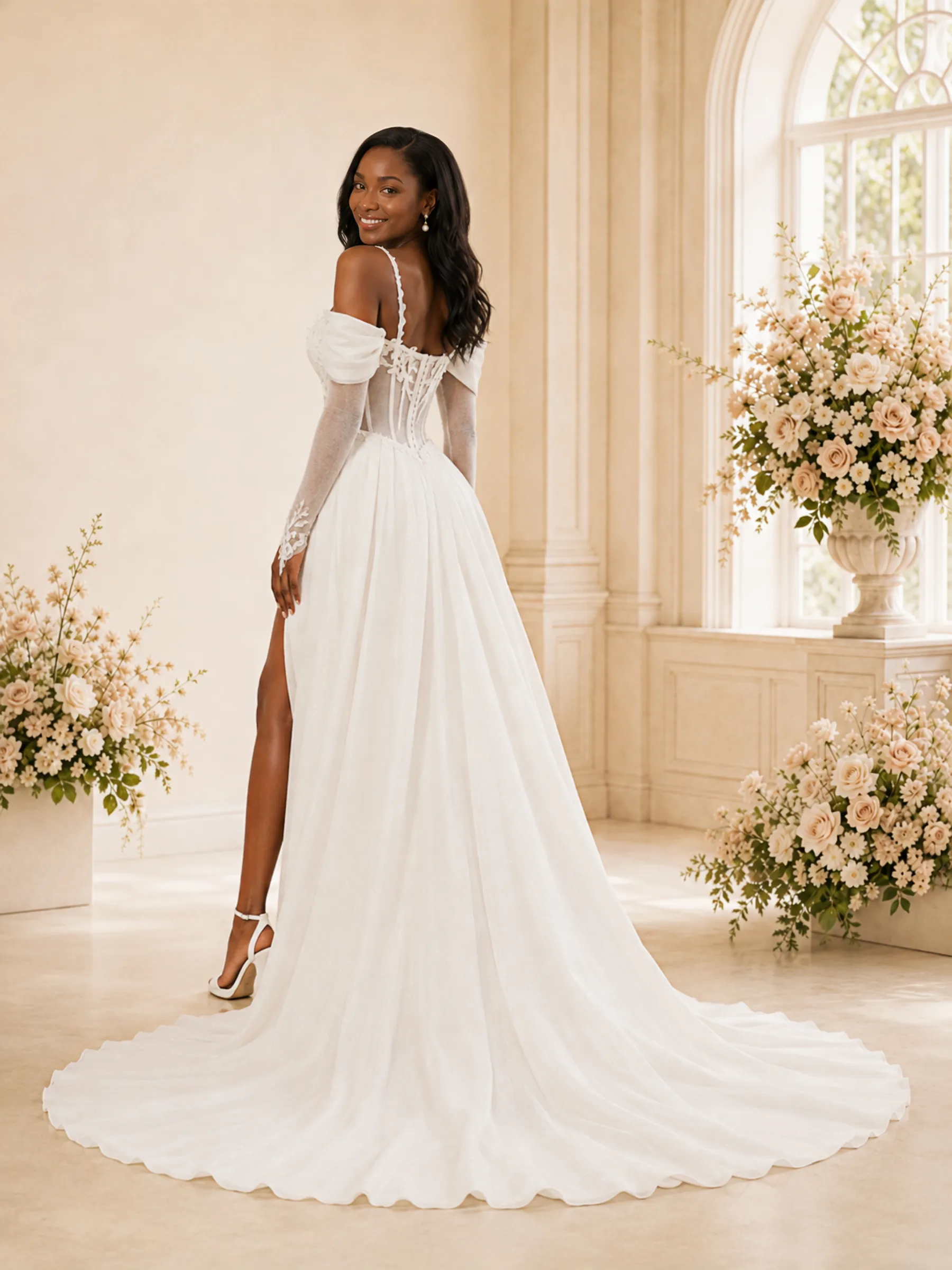 ChicSew Elegant Off The Shoulder Long Sleeves A-Line Glitter Tulle Maxi Wedding Dress sold by ChicSew product image thumbnail 4