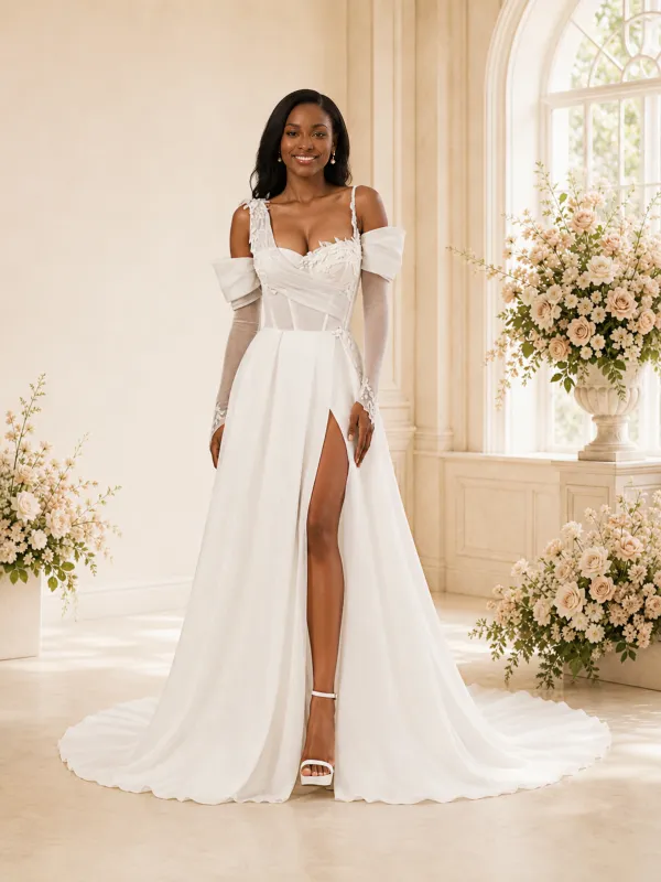 ChicSew Elegant Off The Shoulder Long Sleeves A-Line Glitter Tulle Maxi Wedding Dress made by ChicSew