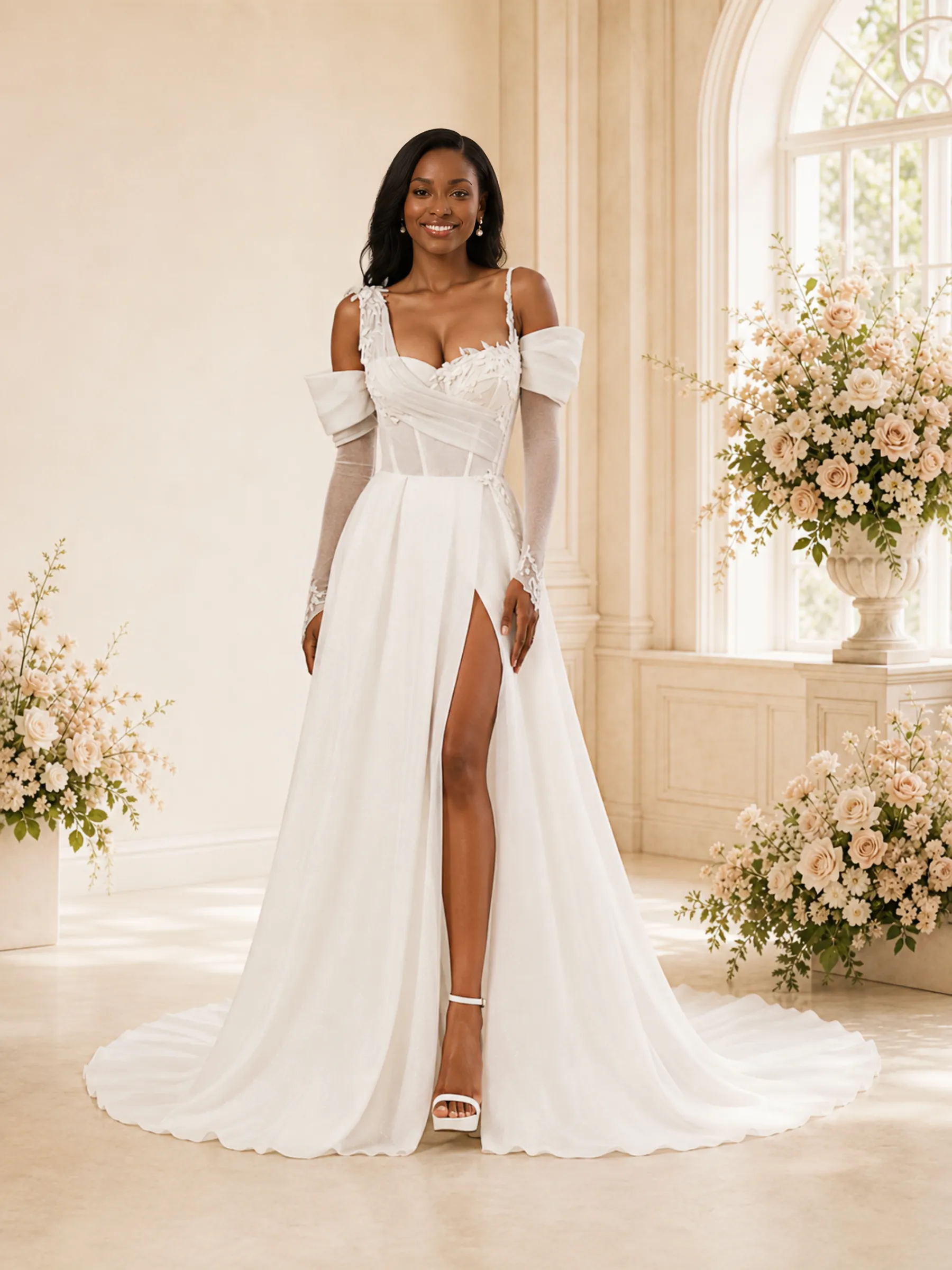 ChicSew Elegant Off The Shoulder Long Sleeves A-Line Glitter Tulle Maxi Wedding Dress sold by ChicSew