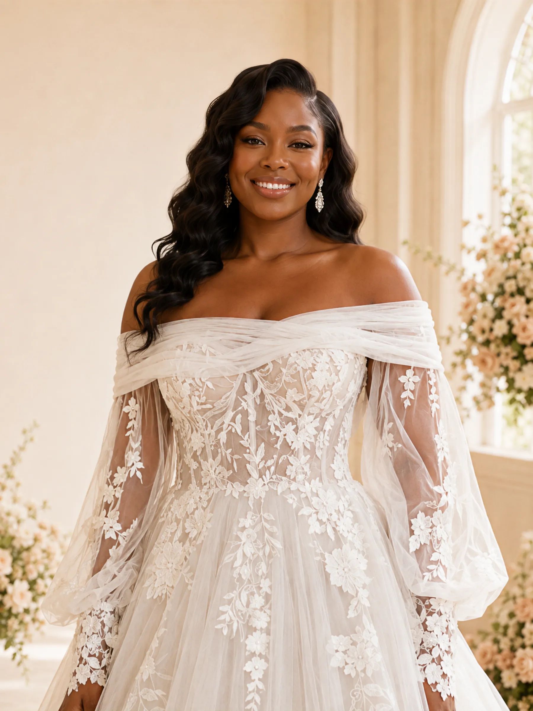 ChicSew Elegant Off The Shoulder Long Sleeves A-Line Tulle Maxi Wedding Dress With Lace Appliques sold by ChicSew product image thumbnail 2