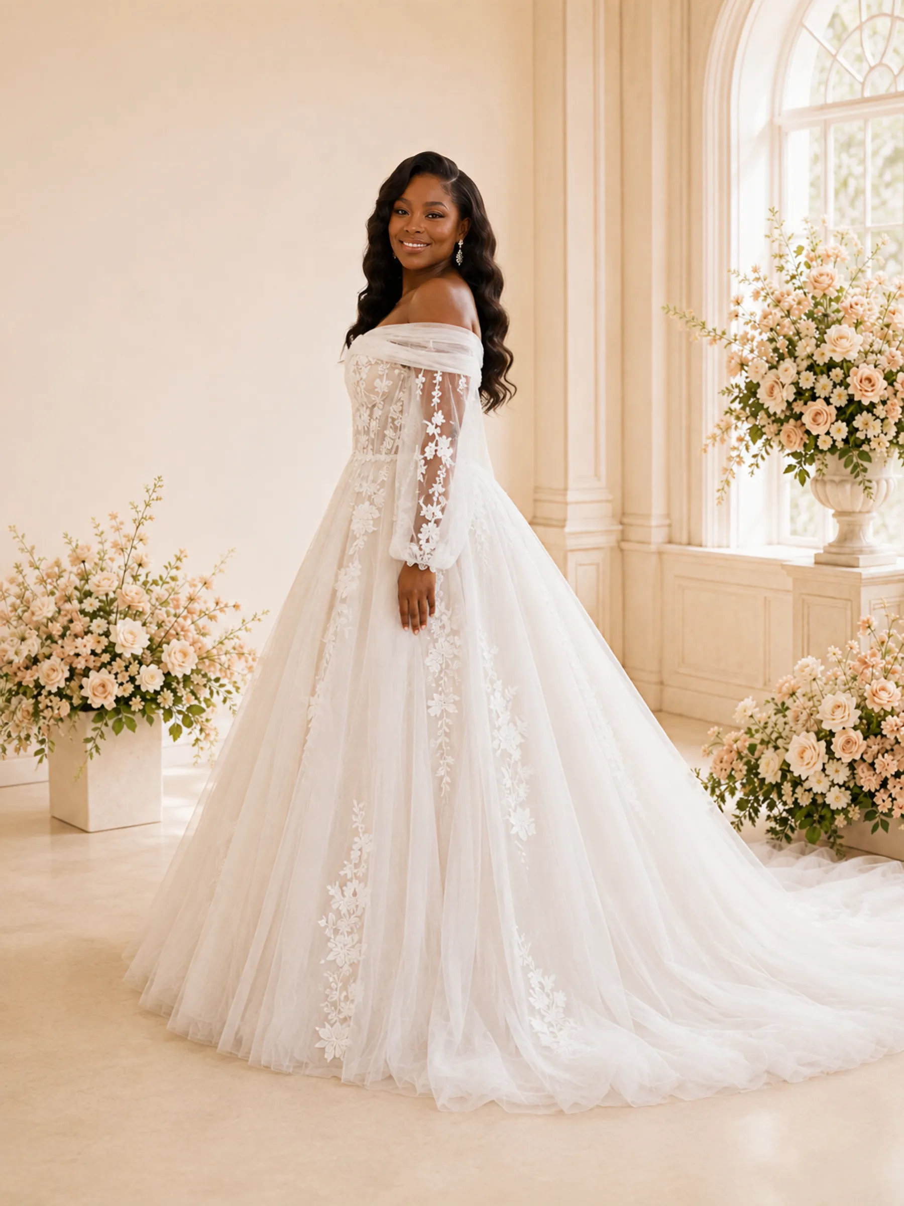 ChicSew Elegant Off The Shoulder Long Sleeves A-Line Tulle Maxi Wedding Dress With Lace Appliques sold by ChicSew product image thumbnail 3