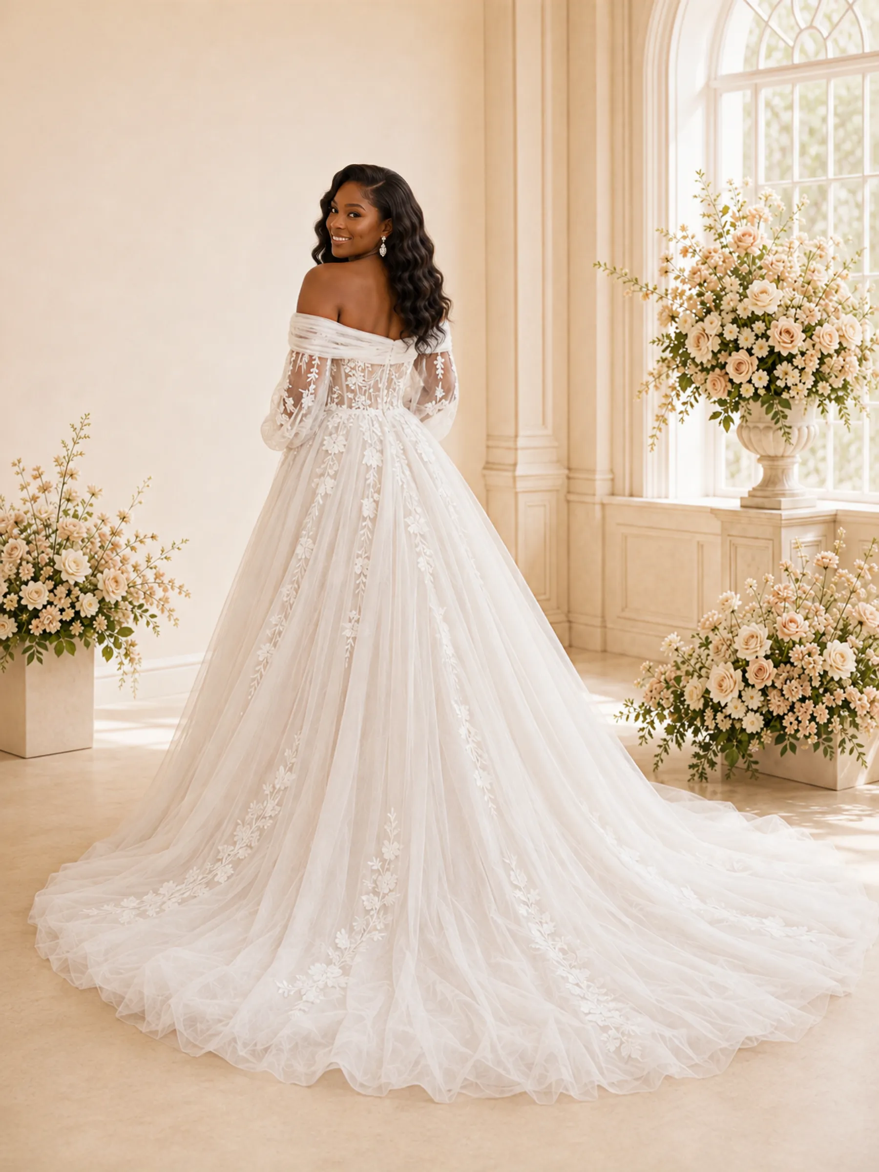 ChicSew Elegant Off The Shoulder Long Sleeves A-Line Tulle Maxi Wedding Dress With Lace Appliques sold by ChicSew product image thumbnail 4