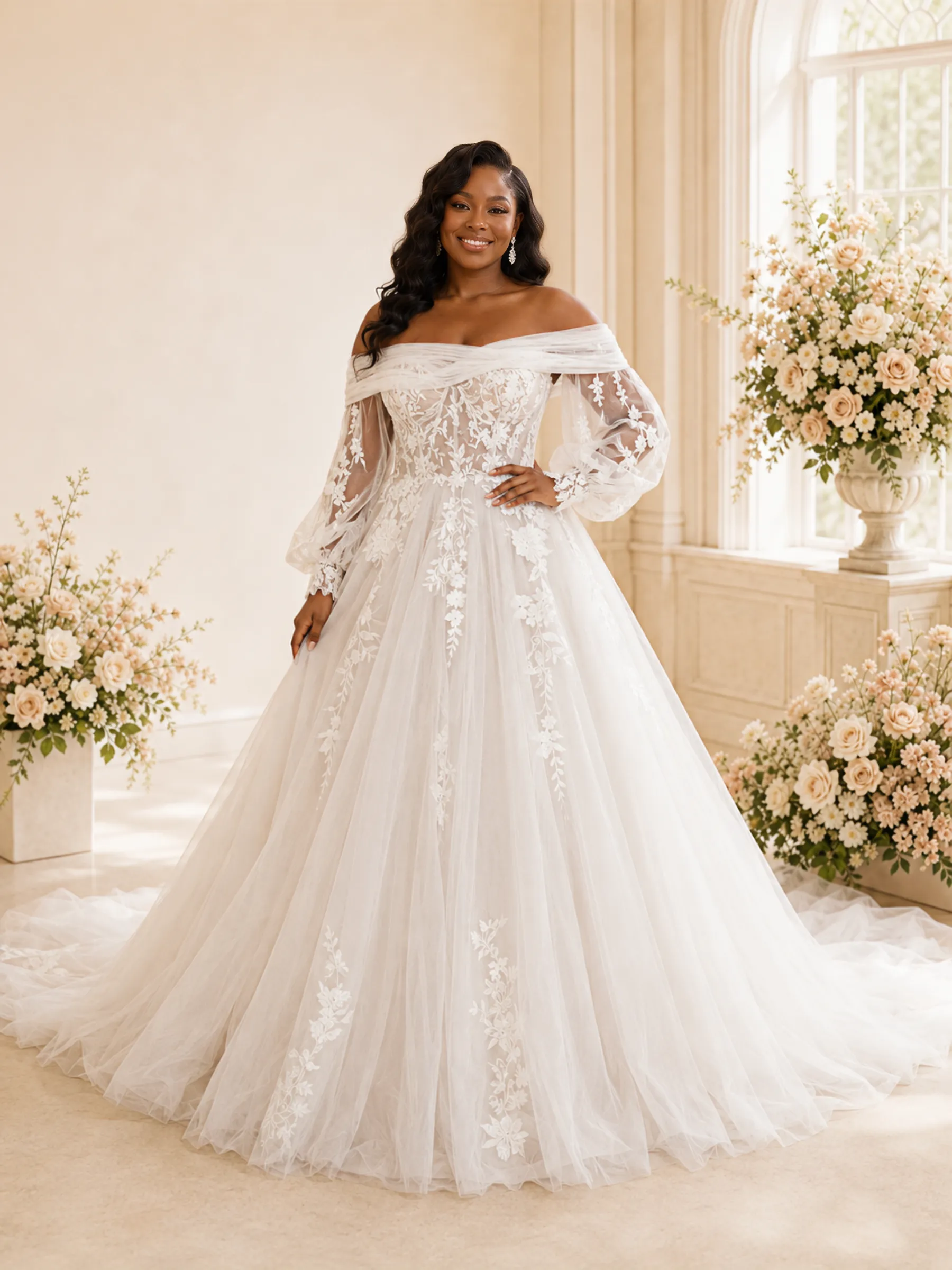 ChicSew Elegant Off The Shoulder Long Sleeves A-Line Tulle Maxi Wedding Dress With Lace Appliques sold by ChicSew