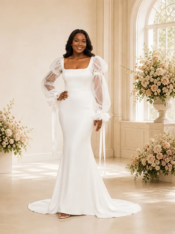 ChicSew Unique Square Neck Mermaid Crepe Long Puff Sleeves Maxi Wedding Dress made by ChicSew