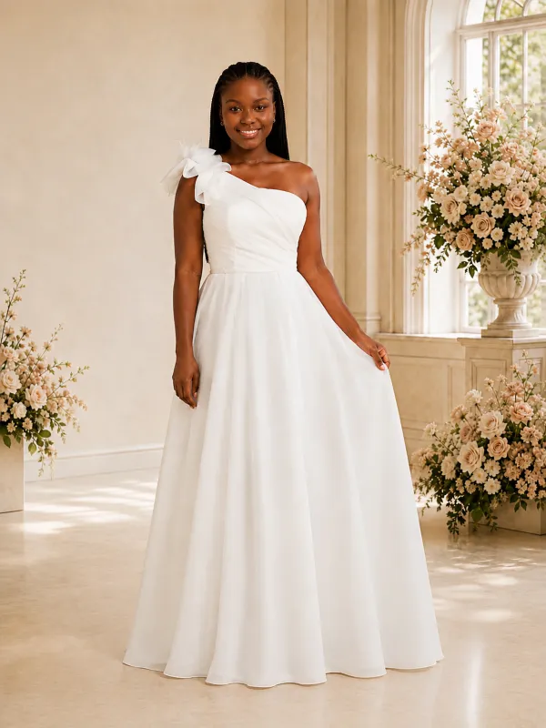 ChicSew Elegant One Shoulder Chiffon A-Line Maxi Wedding Dress With Floral Applique made by ChicSew