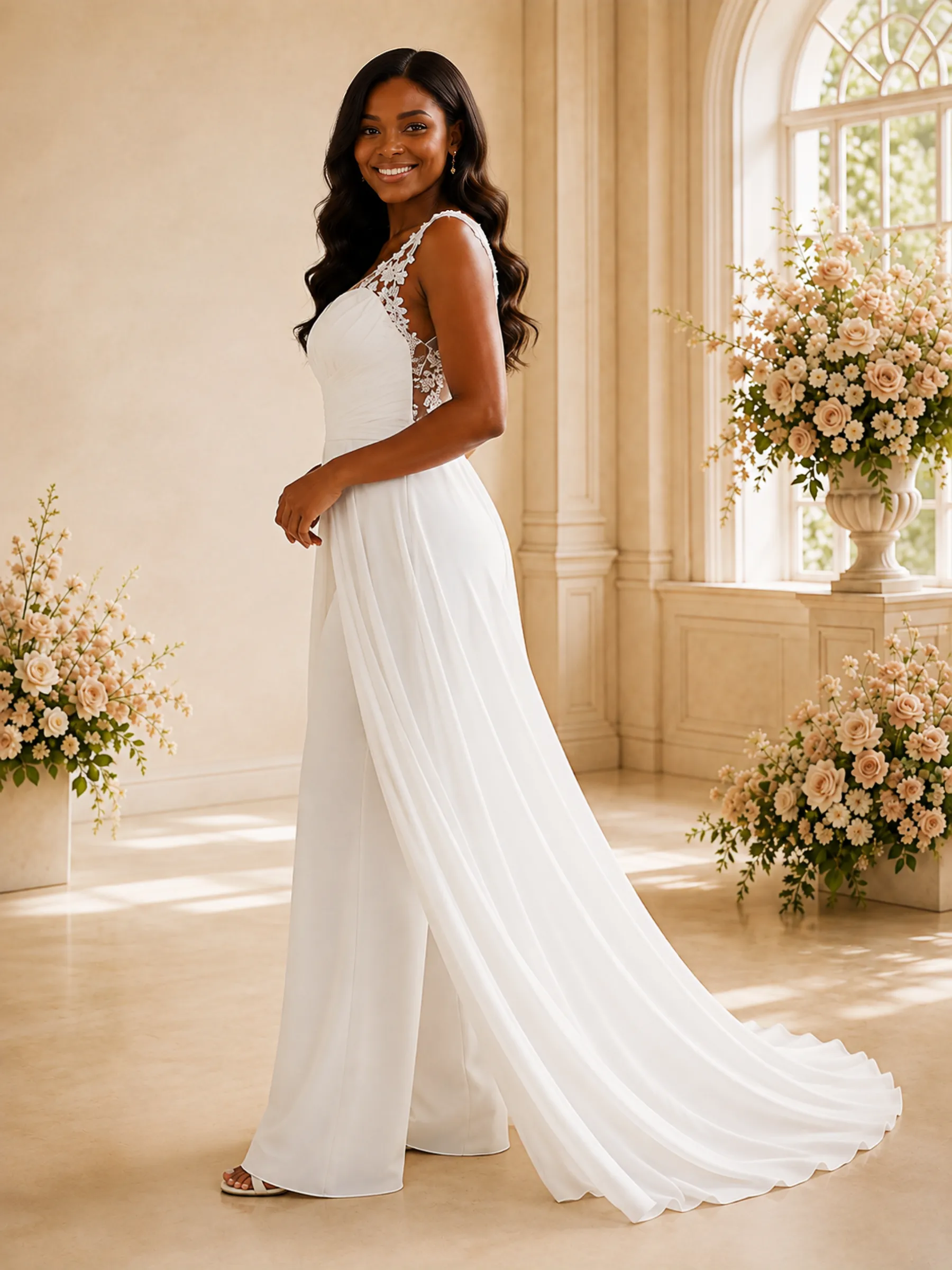 ChicSew Modern V-Neck Sleeveless Lace Chiffon Floor-Length Wedding Jumpsuit sold by ChicSew product image thumbnail 3