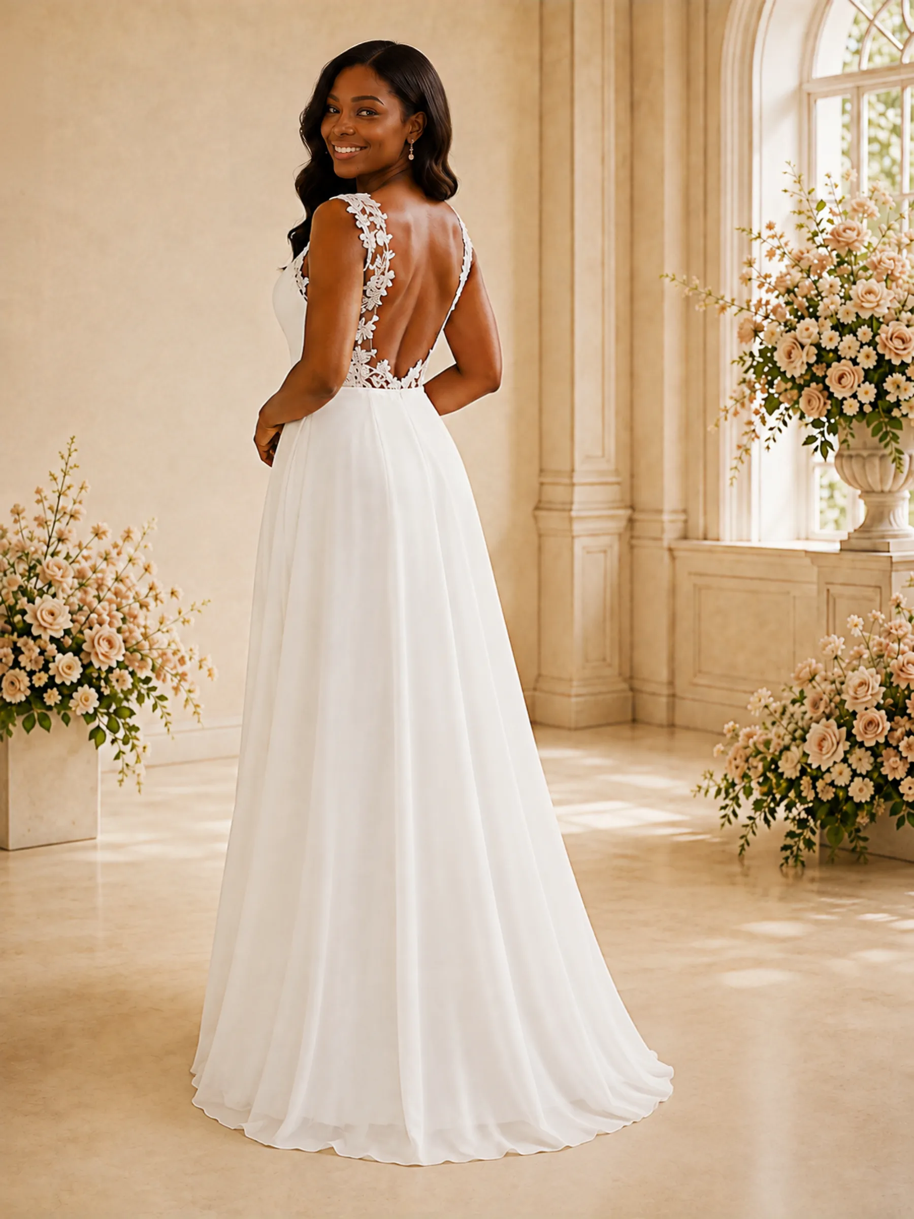 ChicSew Modern V-Neck Sleeveless Lace Chiffon Floor-Length Wedding Jumpsuit sold by ChicSew product image thumbnail 4
