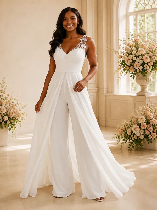 ChicSew Modern V-Neck Sleeveless Lace Chiffon Floor-Length Wedding Jumpsuit made by ChicSew