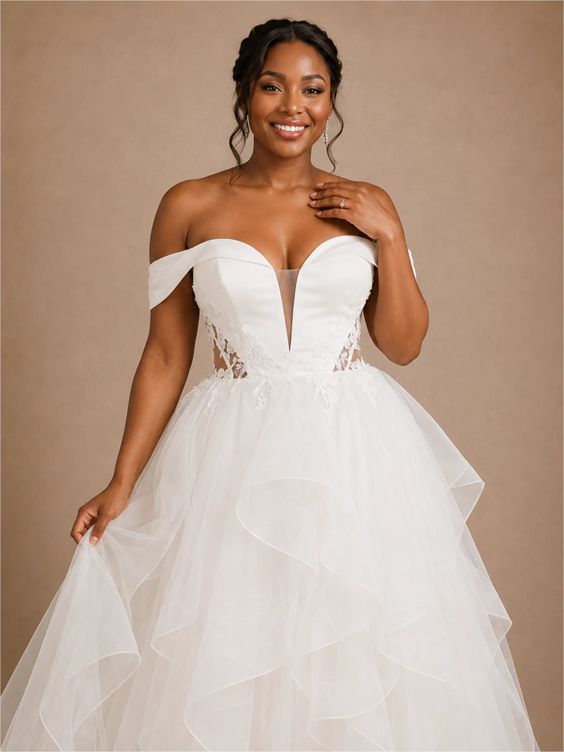 ChicSew Romantic Off The Shoulder Ruffled Tulle A-Line Maxi Wedding Dress With Applique sold by ChicSew product image thumbnail 2