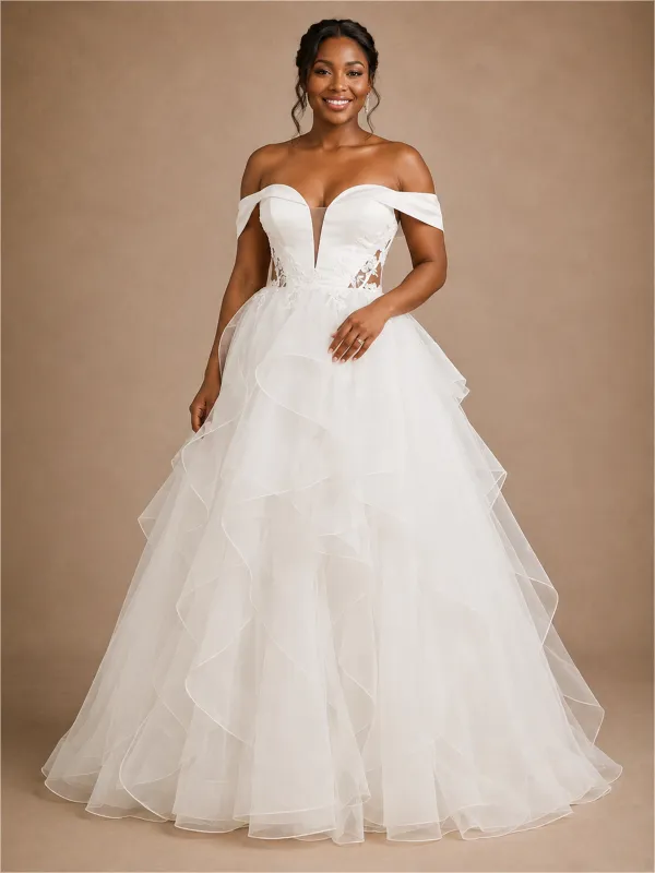 ChicSew Romantic Off The Shoulder Ruffled Tulle A-Line Maxi Wedding Dress With Applique made by ChicSew