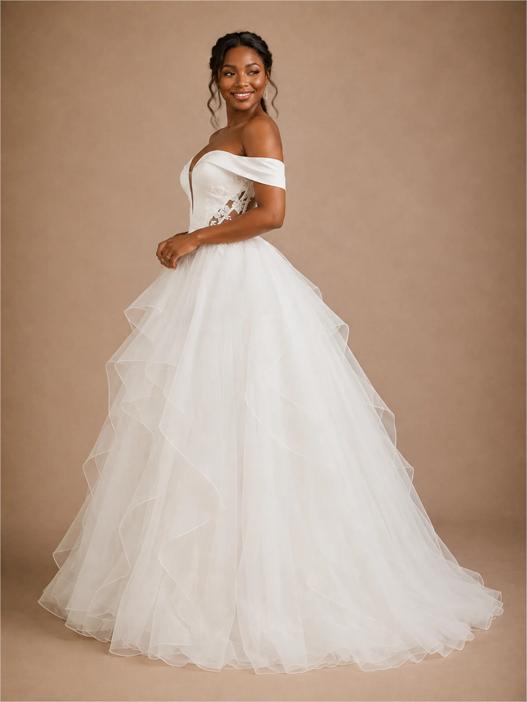 ChicSew Romantic Off The Shoulder Ruffled Tulle A-Line Maxi Wedding Dress With Applique sold by ChicSew product image thumbnail 3