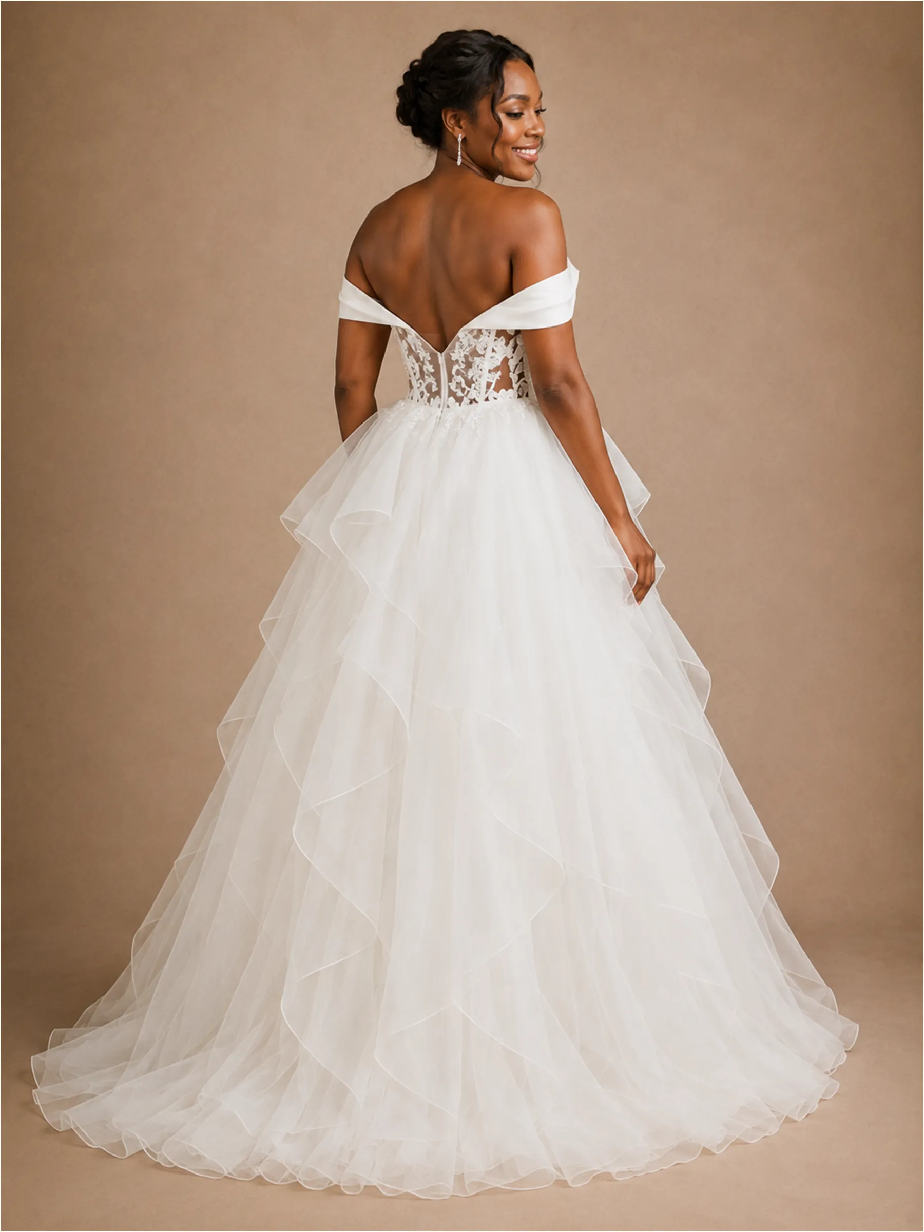 ChicSew Romantic Off The Shoulder Ruffled Tulle A-Line Maxi Wedding Dress With Applique sold by ChicSew product image thumbnail 4