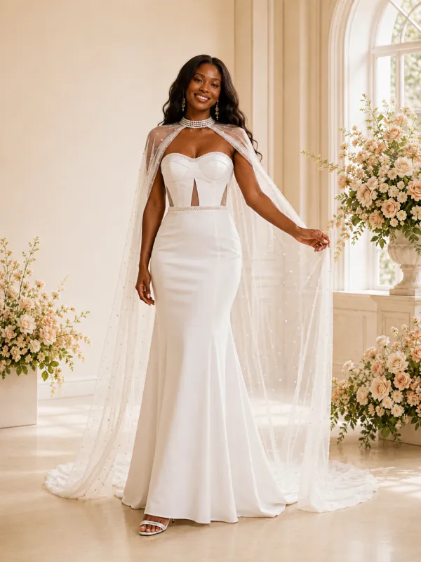 ChicSew Unique Fancy Mermaid Sweetheart Crepe Beaded Maxi Long Wedding Dress With Lace Cape made by ChicSew