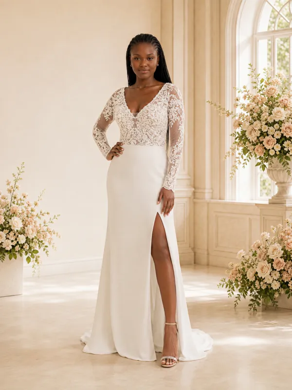 ChicSew Modern V-Neck Long Sleeves Lace Crepe Mermaid Maxi Wedding Dress With Side Slit made by ChicSew