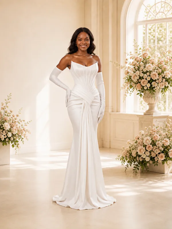 ChicSew Modern Strapless Boning Sleeveless Ruching Satin Mermaid Maxi Wedding Dress made by ChicSew