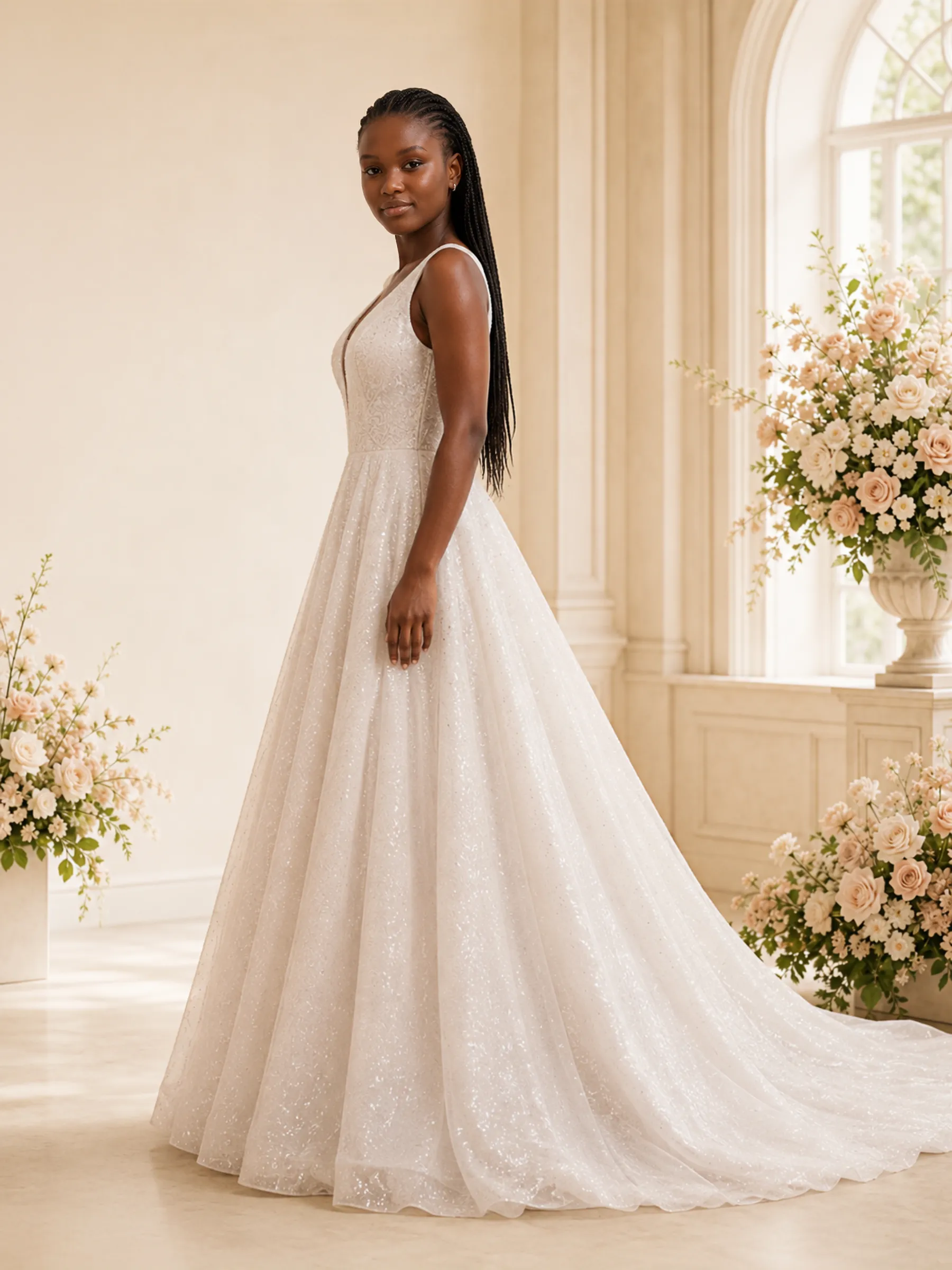 ChicSew Fancy Spaghetti Straps V-Neck Glitter Tulle Long A-Line Wedding Dress sold by ChicSew product image thumbnail 3