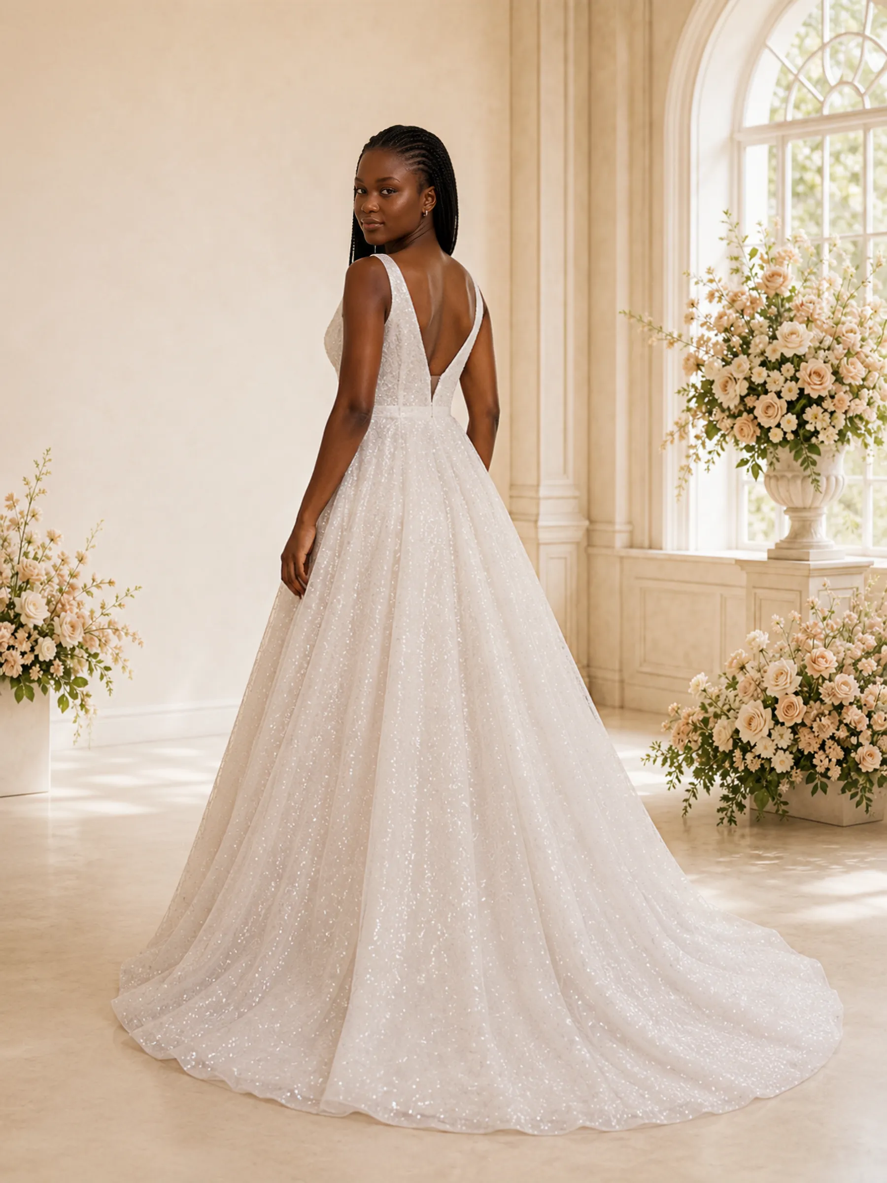 ChicSew Fancy Spaghetti Straps V-Neck Glitter Tulle Long A-Line Wedding Dress sold by ChicSew product image thumbnail 4
