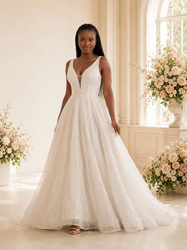 ChicSew Fancy Spaghetti Straps V-Neck Glitter Tulle Long A-Line Wedding Dress made by ChicSew