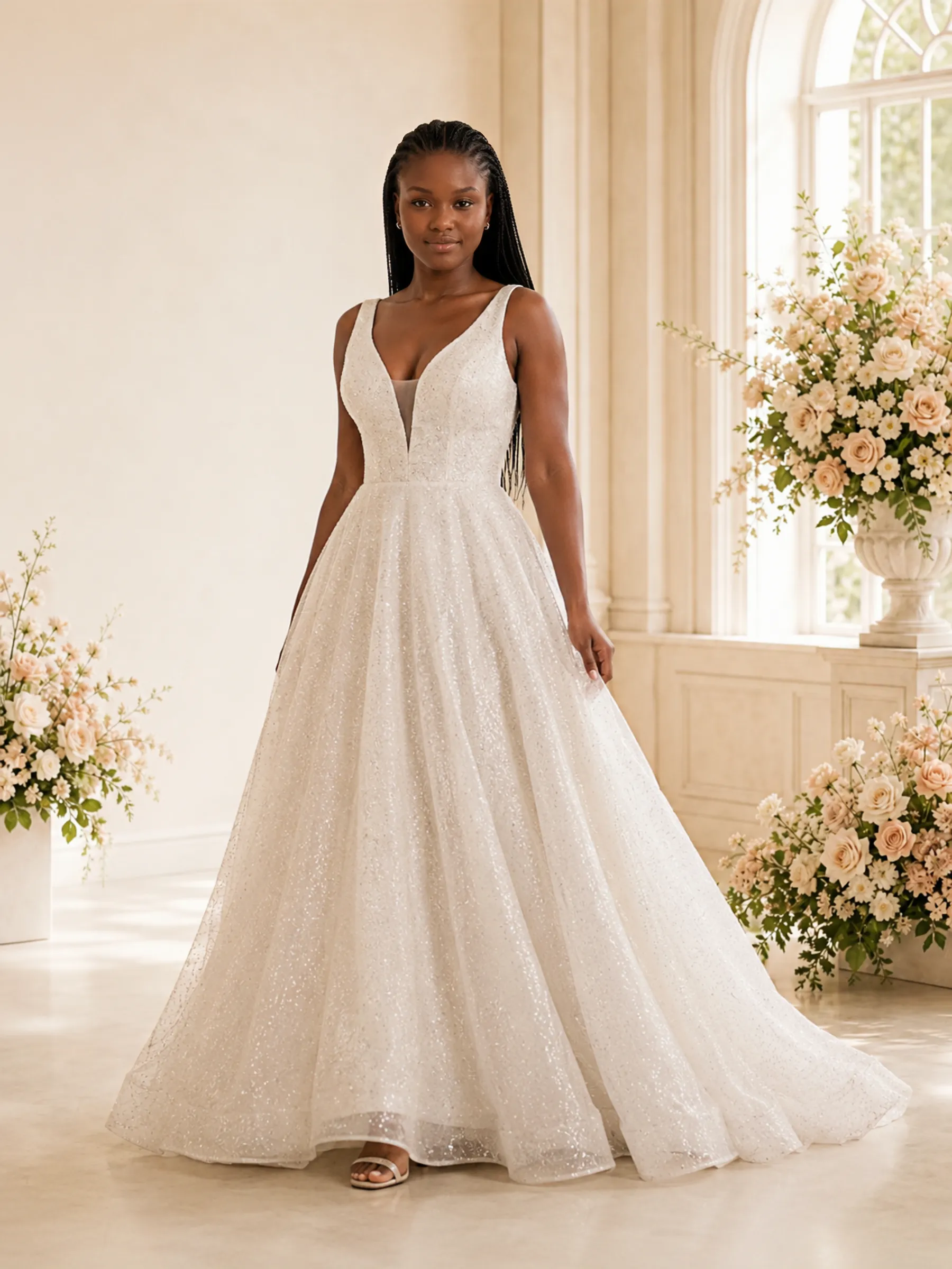 ChicSew Fancy Spaghetti Straps V-Neck Glitter Tulle Long A-Line Wedding Dress sold by ChicSew