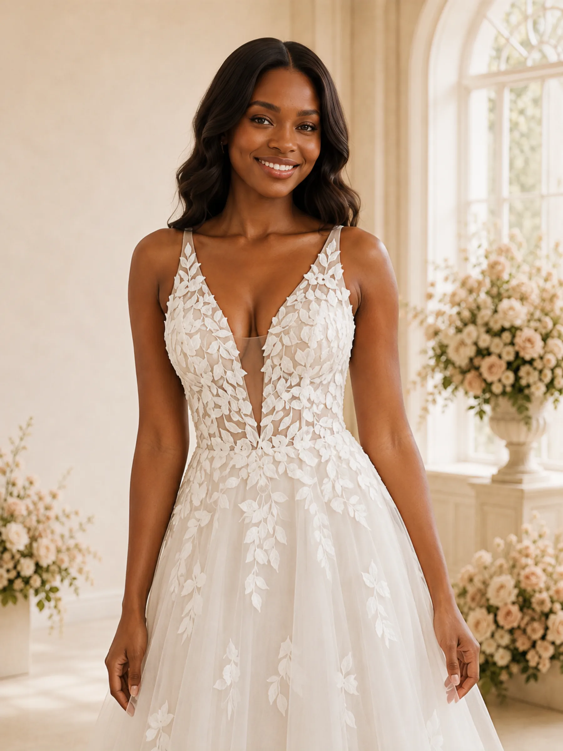 ChicSew Elegant Spaghetti Straps V-Neck Tulle Long A-Line Wedding Dress With Lace Appliques sold by ChicSew product image thumbnail 2