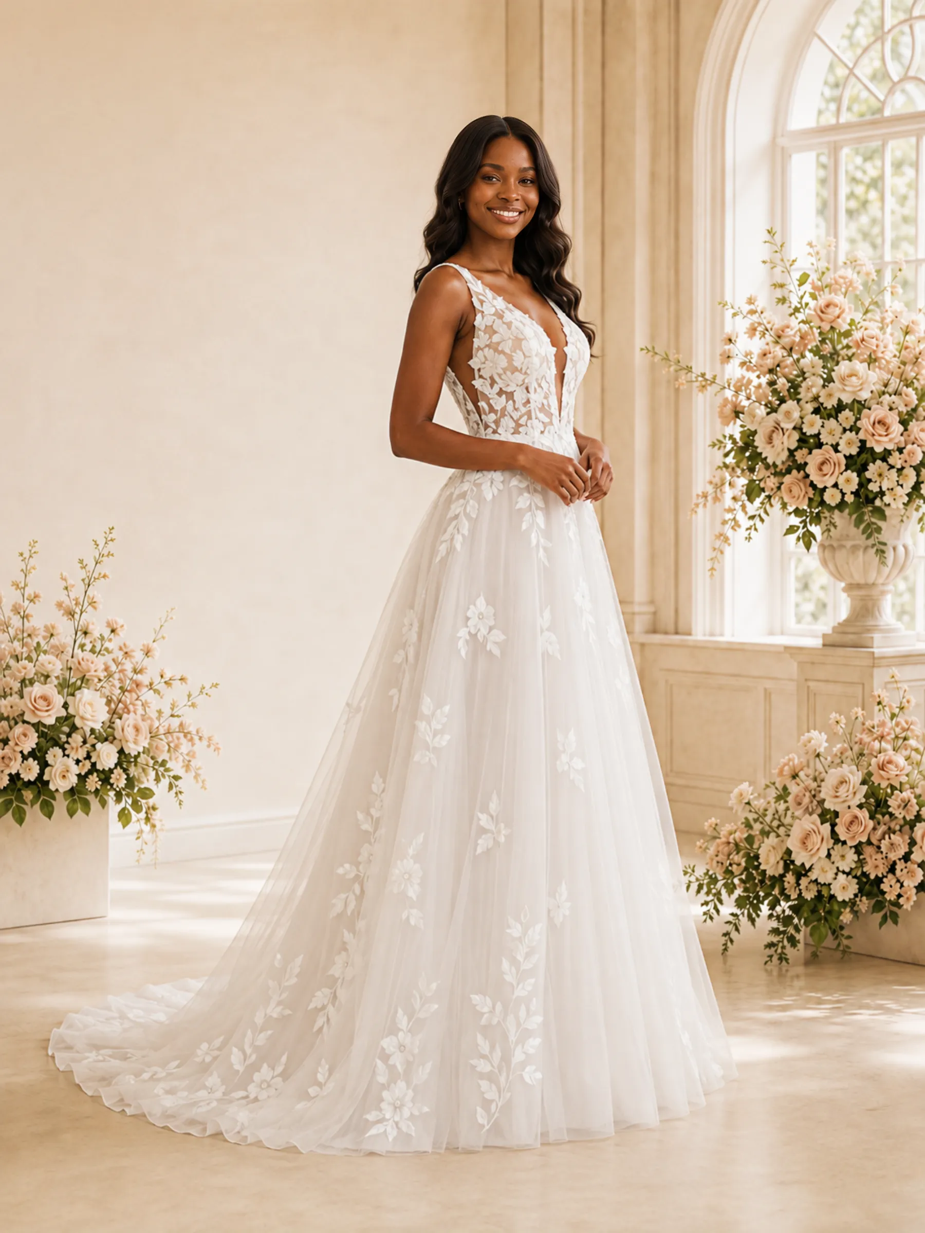 ChicSew Elegant Spaghetti Straps V-Neck Tulle Long A-Line Wedding Dress With Lace Appliques sold by ChicSew product image thumbnail 3