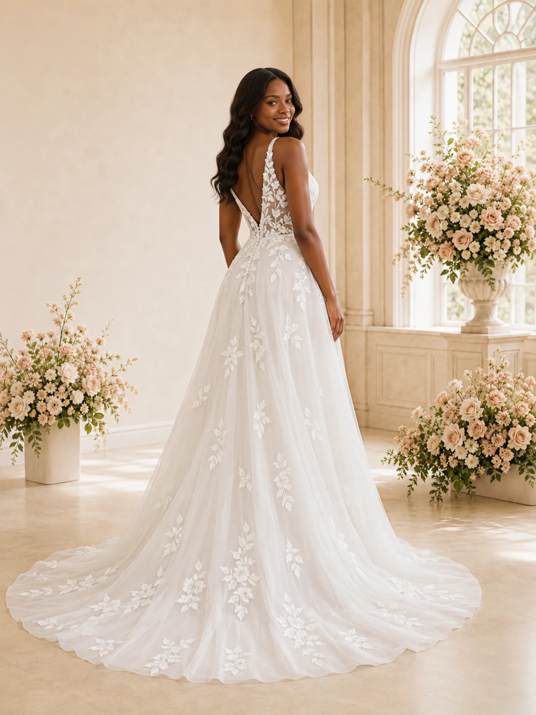 ChicSew Elegant Spaghetti Straps V-Neck Tulle Long A-Line Wedding Dress With Lace Appliques sold by ChicSew product image thumbnail 4