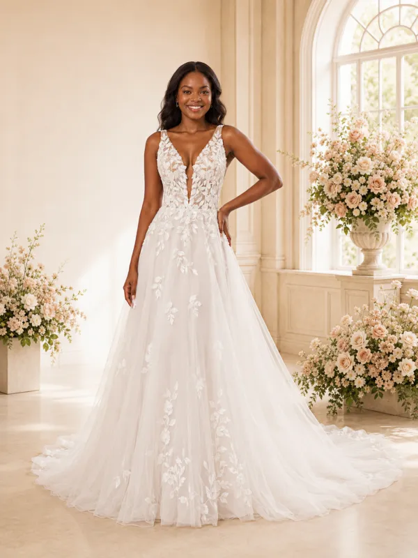 ChicSew Elegant Spaghetti Straps V-Neck Tulle Long A-Line Wedding Dress With Lace Appliques made by ChicSew