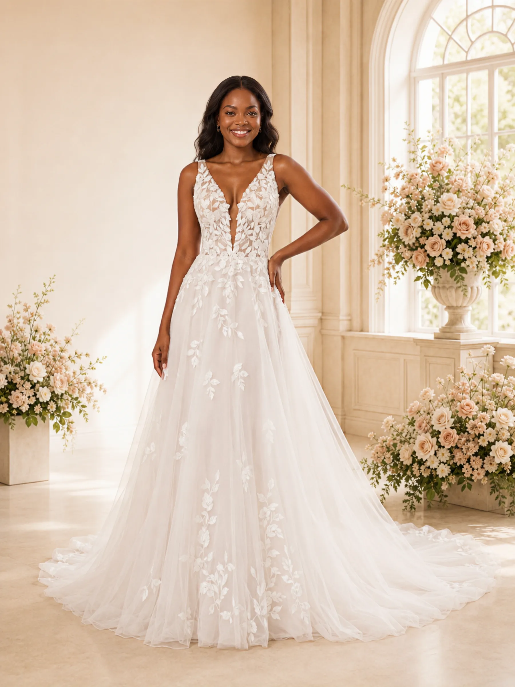 ChicSew Elegant Spaghetti Straps V-Neck Tulle Long A-Line Wedding Dress With Lace Appliques sold by ChicSew