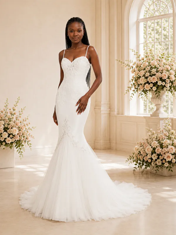 ChicSew Romantic Spaghetti Straps Tulle Lace Appliques Maxi Long Wedding Dress made by ChicSew