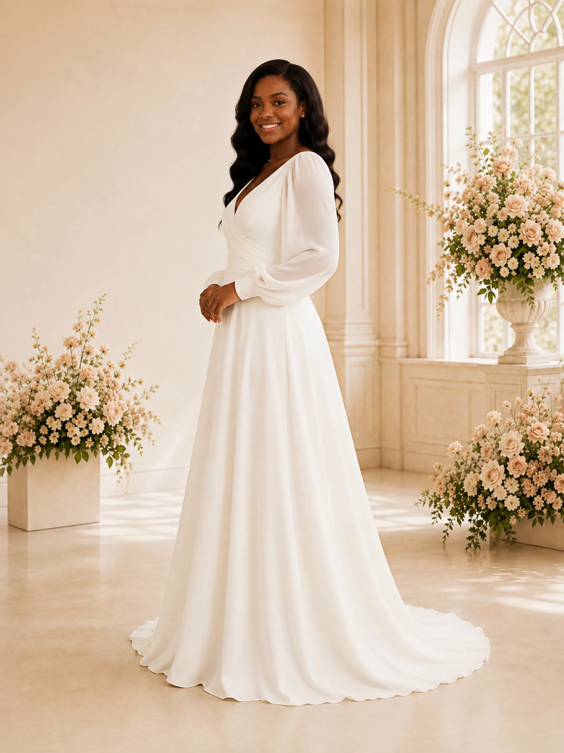 ChicSew Elegant A-Line V-Neck Long Sleeves Ruching Chiffon Maxi Wedding Dress sold by ChicSew product image thumbnail 3