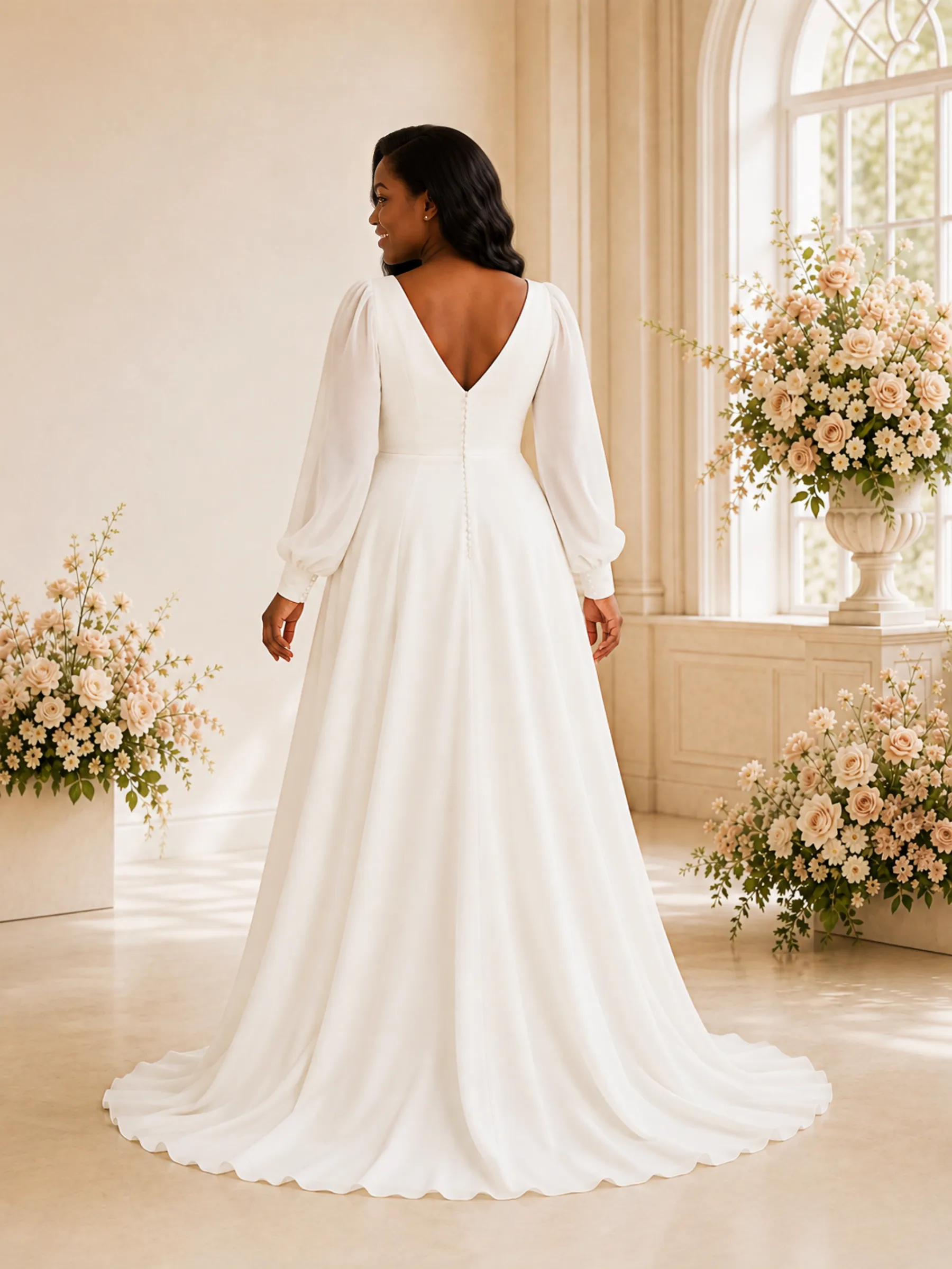 ChicSew Elegant A-Line V-Neck Long Sleeves Ruching Chiffon Maxi Wedding Dress sold by ChicSew product image thumbnail 4