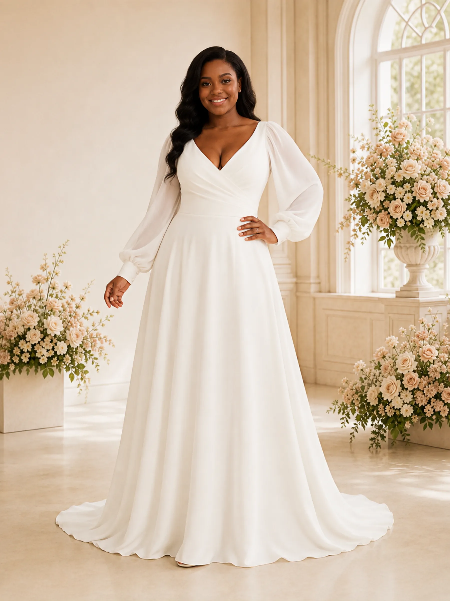 ChicSew Elegant A-Line V-Neck Long Sleeves Ruching Chiffon Maxi Wedding Dress sold by ChicSew