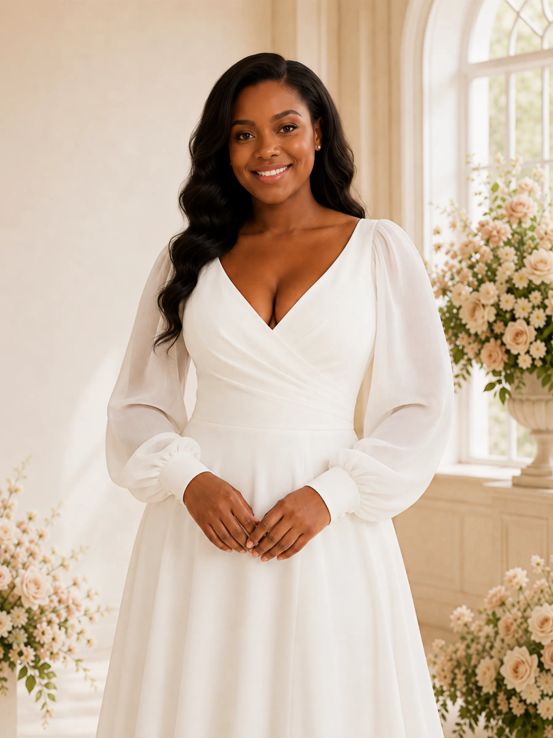 ChicSew Elegant A-Line V-Neck Long Sleeves Ruching Chiffon Maxi Wedding Dress sold by ChicSew product image thumbnail 2