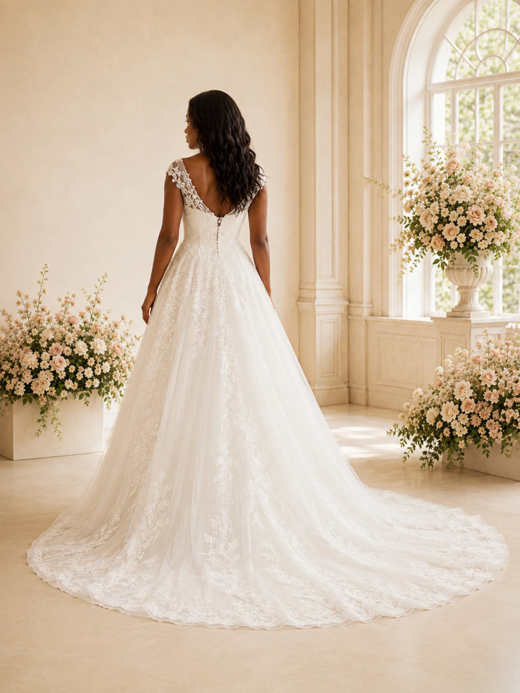 ChicSew Romantic A-Line V-Neck Cap Sleeves Tulle Long Wedding Dress With Lace Appliques sold by ChicSew product image thumbnail 4