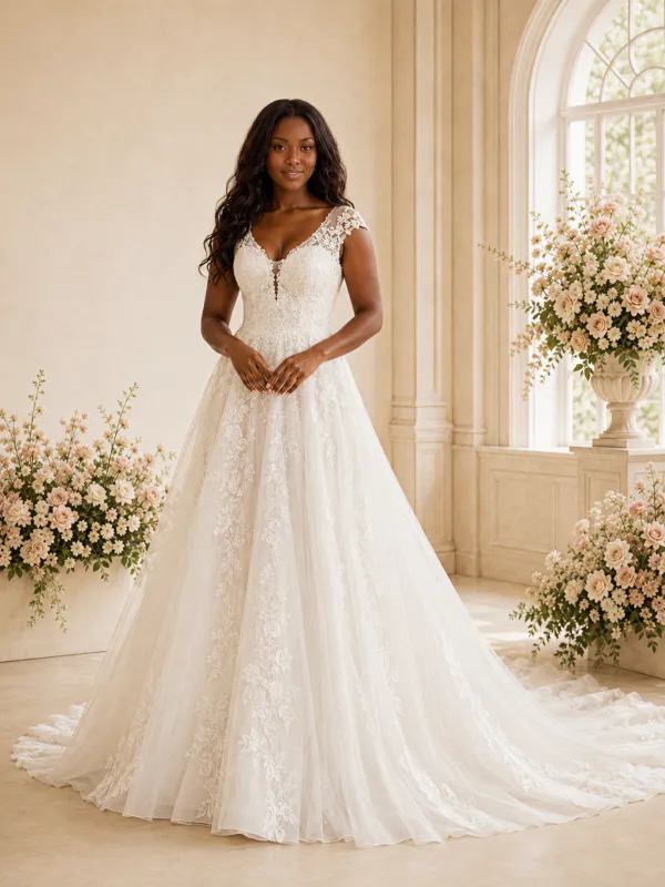 ChicSew Romantic A-Line V-Neck Cap Sleeves Tulle Long Wedding Dress With Lace Appliques made by ChicSew