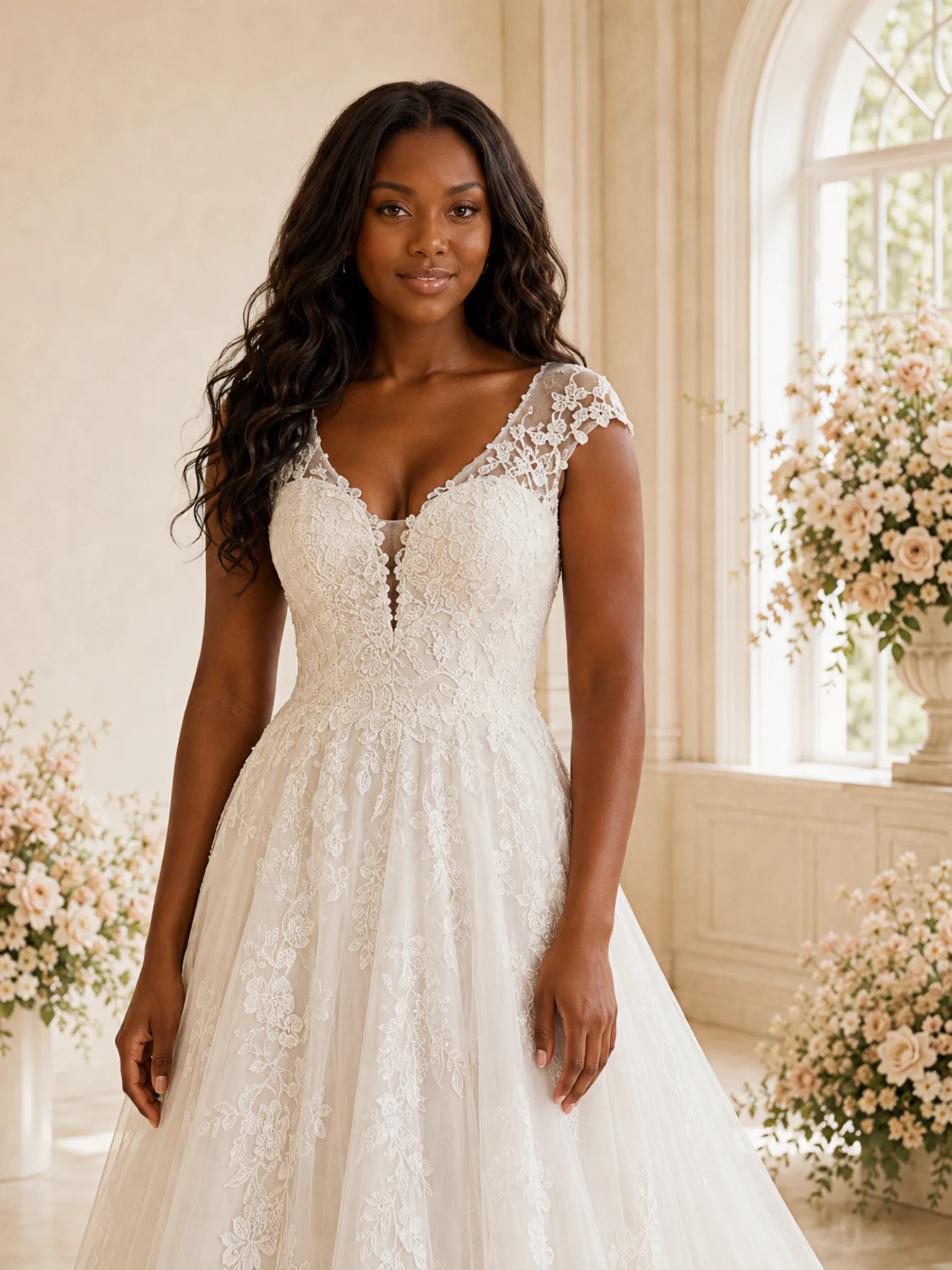 ChicSew Romantic A-Line V-Neck Cap Sleeves Tulle Long Wedding Dress With Lace Appliques sold by ChicSew product image thumbnail 2