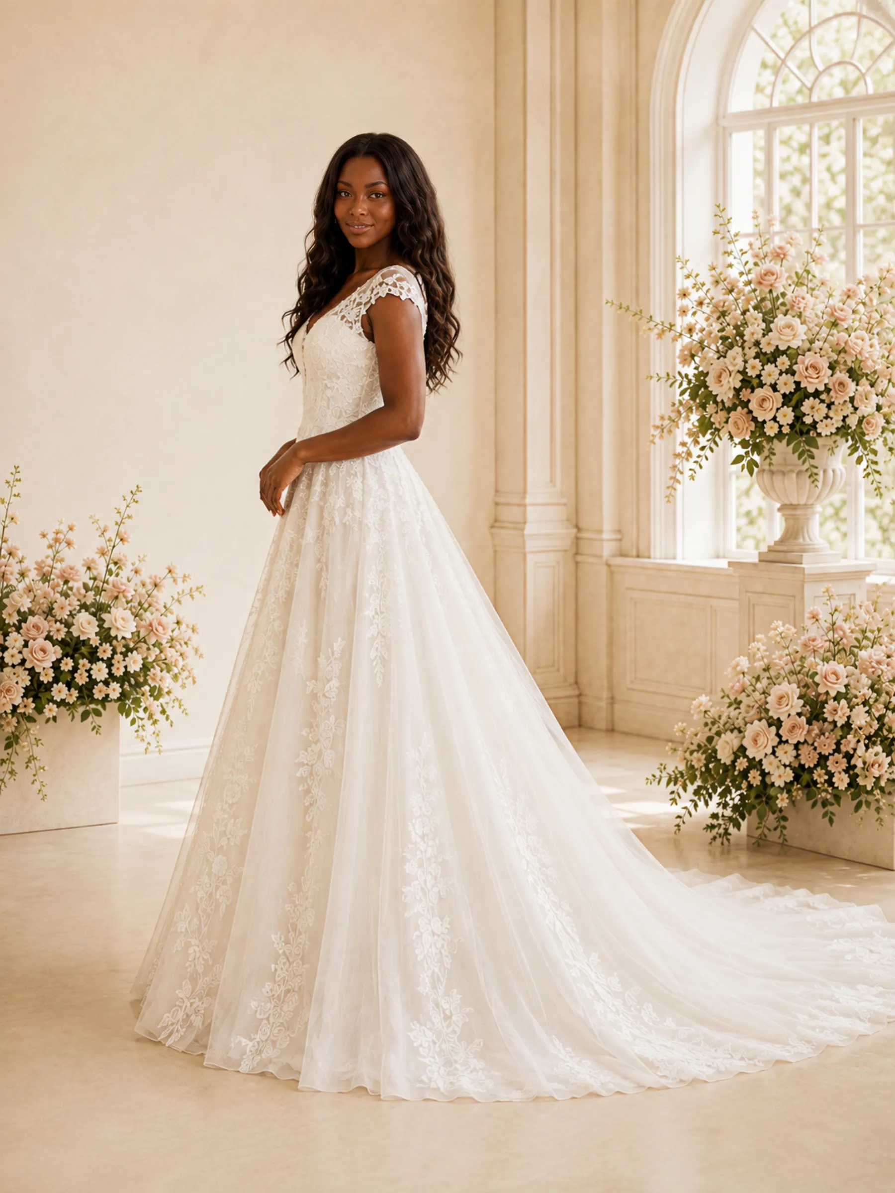 ChicSew Romantic A-Line V-Neck Cap Sleeves Tulle Long Wedding Dress With Lace Appliques sold by ChicSew product image thumbnail 3