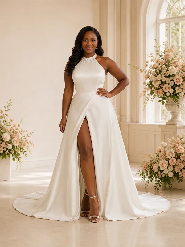 ChicSew Modern Satin High Neck Rhinestone A-Line Maxi Wedding Dress With Slit made by ChicSew