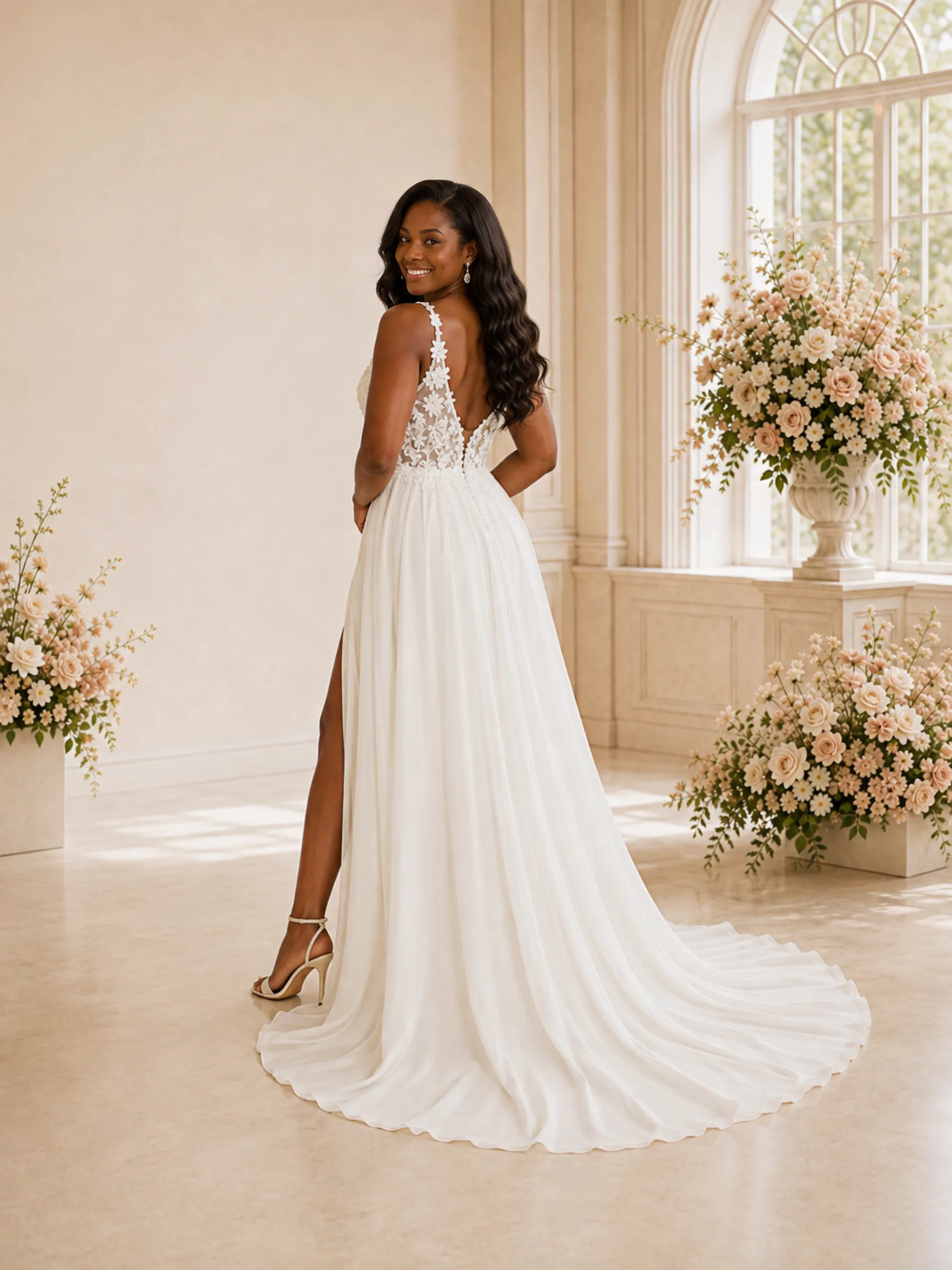 ChicSew Fancy V-Neck Lace Chiffon A-Line Floor-Length Wedding Dress With Silde Slit sold by ChicSew product image thumbnail 4