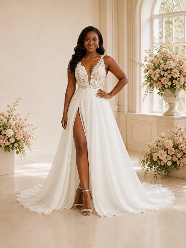 ChicSew Fancy V-Neck Lace Chiffon A-Line Floor-Length Wedding Dress With Silde Slit made by ChicSew