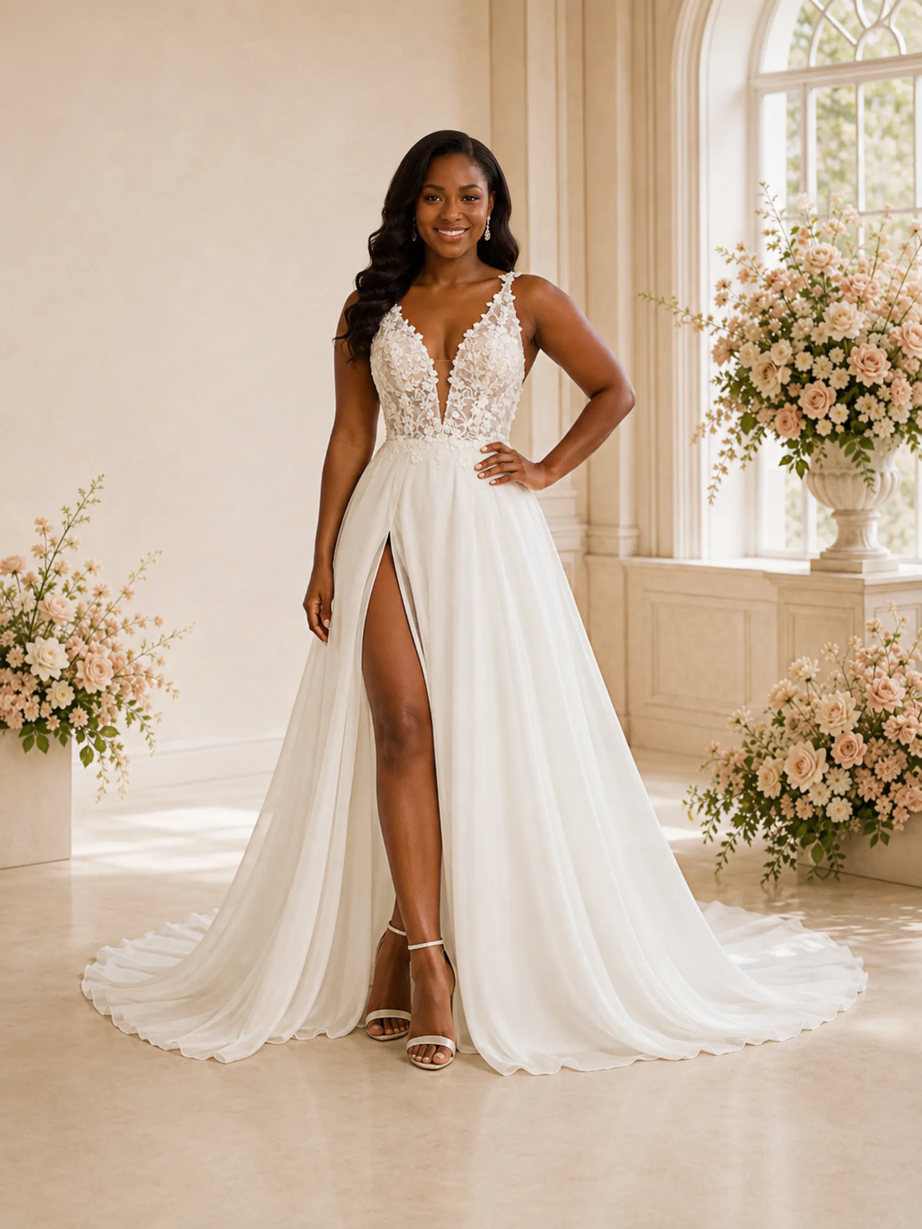 ChicSew Fancy V-Neck Lace Chiffon A-Line Floor-Length Wedding Dress With Silde Slit sold by ChicSew