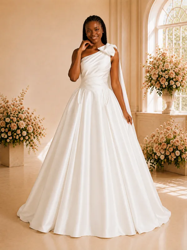 ChicSew Elegant One Shoulder A-Line Ruched Satin Maxi Long Wedding Dress With Bow made by ChicSew