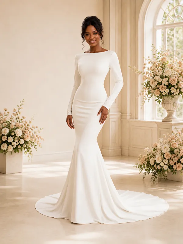 ChicSew Modern Mermaid Bateau Long Sleeves Crepe Maxi Wedding Dress made by ChicSew