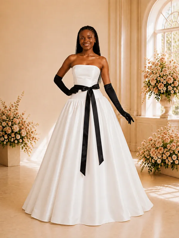 ChicSew Modern Strapless A-Line Ruched Satin Maxi Wedding Dress With Belt made by ChicSew