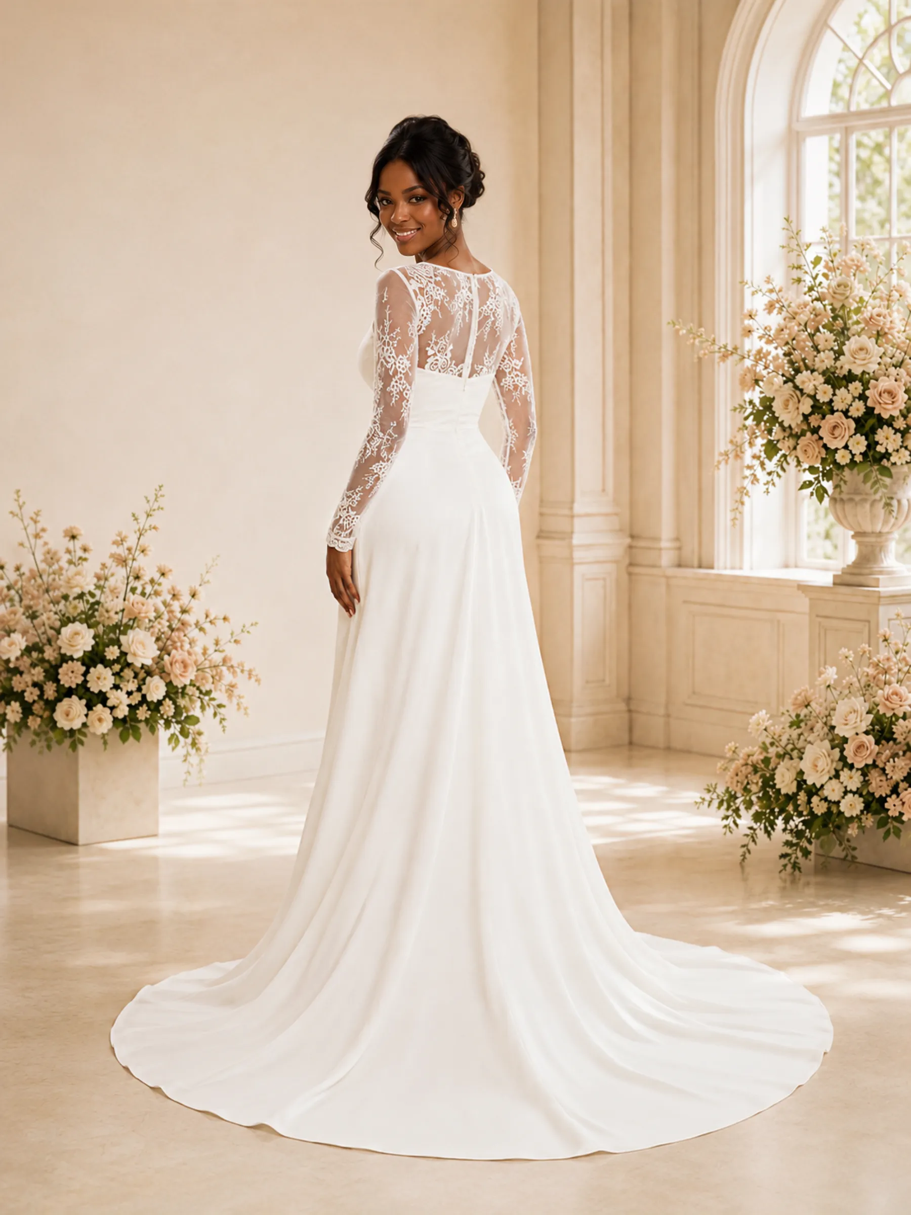 ChicSew Modern Satin Lace Long Sleeves Ruching Mermaid Floor-Length Wedding Dress sold by ChicSew product image thumbnail 4