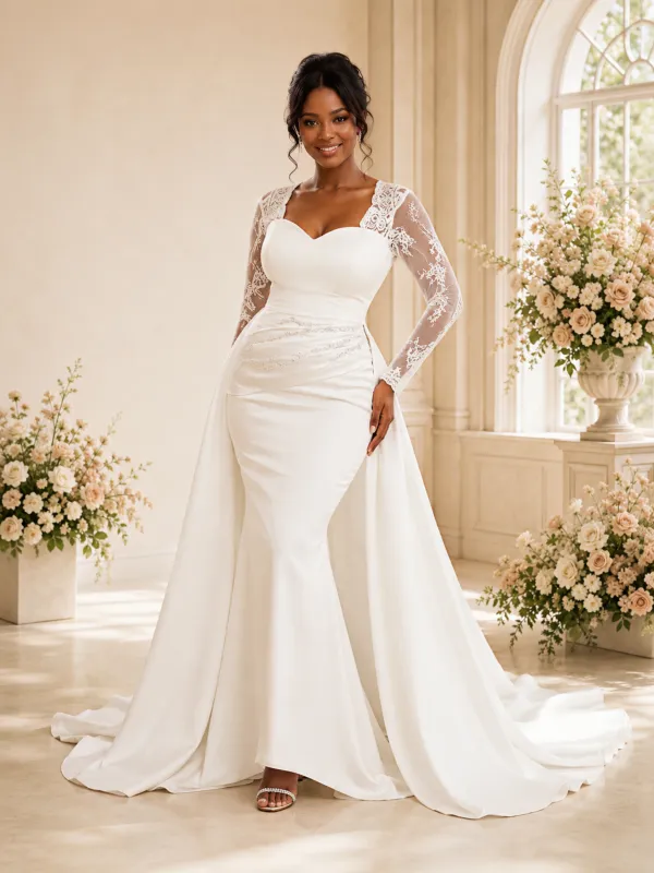 ChicSew Modern Satin Lace Long Sleeves Ruching Mermaid Floor-Length Wedding Dress made by ChicSew