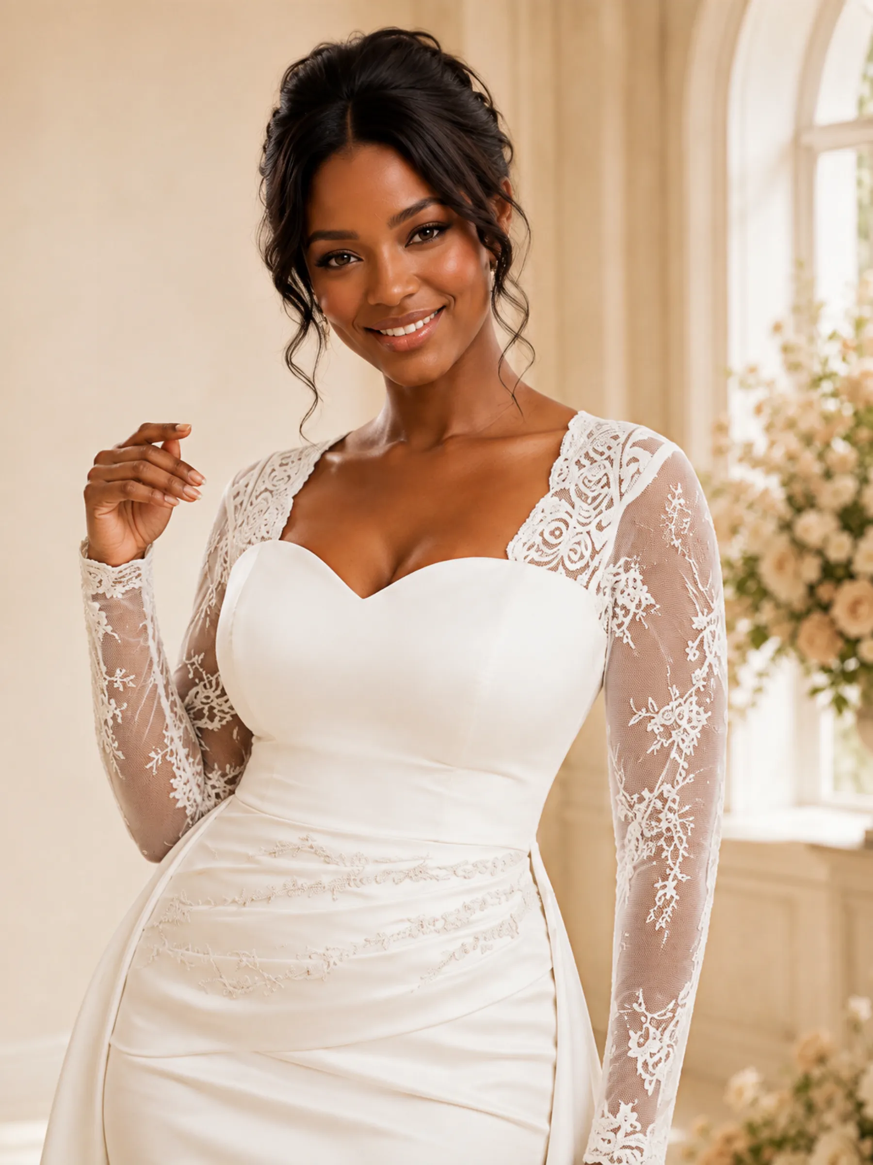 ChicSew Modern Satin Lace Long Sleeves Ruching Mermaid Floor-Length Wedding Dress sold by ChicSew product image thumbnail 2
