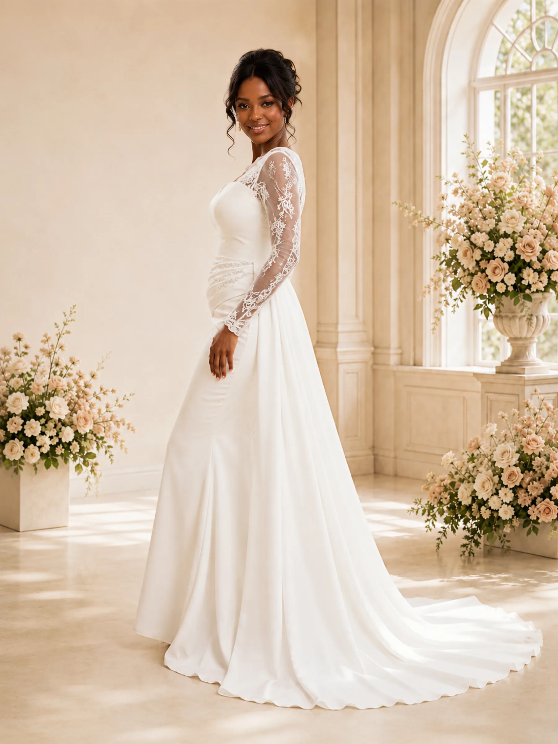 ChicSew Modern Satin Lace Long Sleeves Ruching Mermaid Floor-Length Wedding Dress sold by ChicSew product image thumbnail 3
