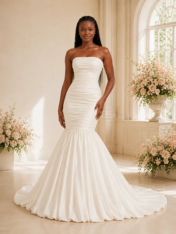 ChicSew Fancy Strapless Satin Mermaid Maxi Long Wedding Dress With Pleats made by ChicSew