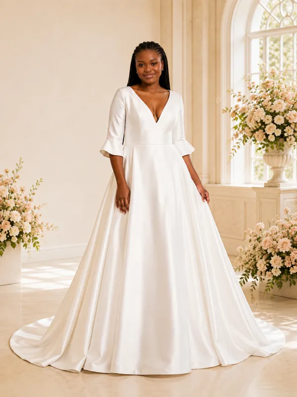ChicSew Classy A-Line V-Neck Satin Maxi Half Sleeves Long Wedding Dress made by ChicSew